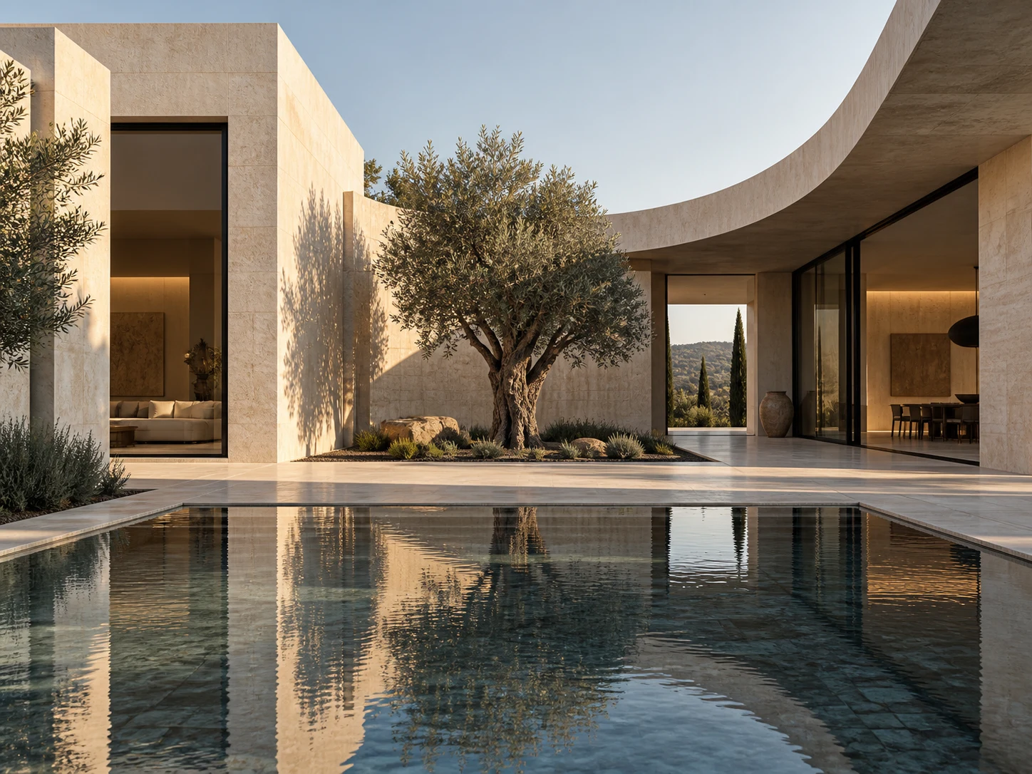 A quiet stone courtyard with an olive tree and reflecting pool