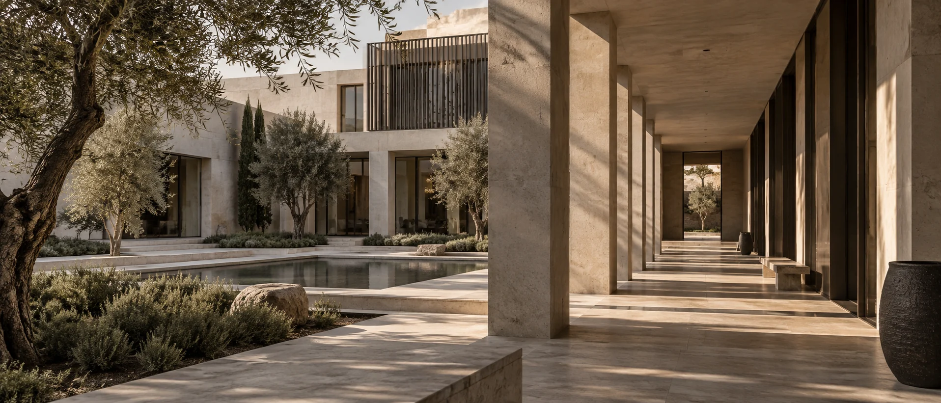 Conceptual visualisation of a stone courtyard and shaded architectural walkway