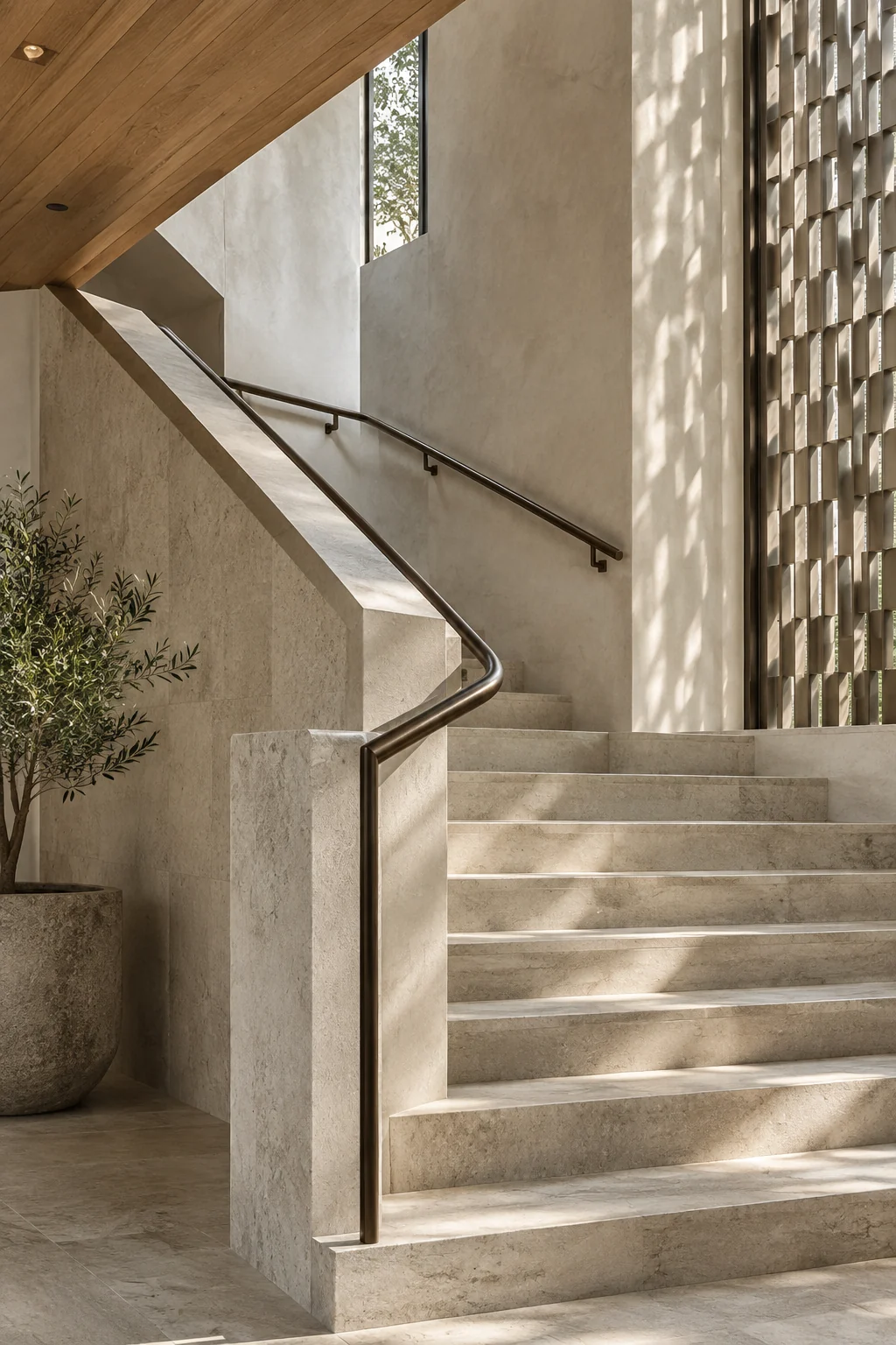 Conceptual visualisation of a stone stair and patterned architectural screen