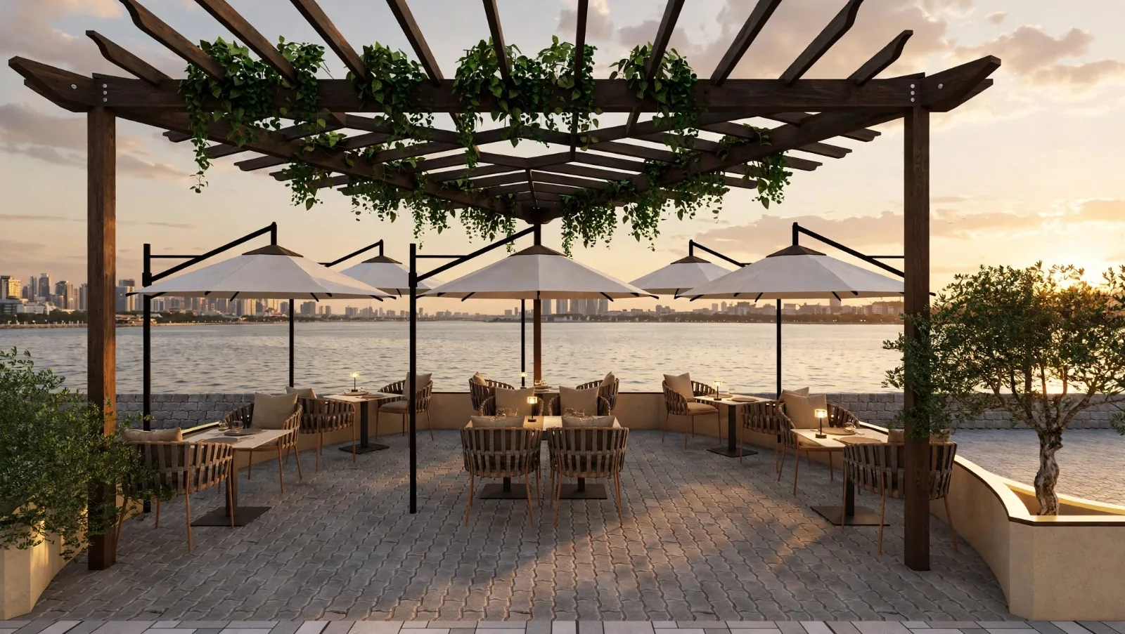 Outdoor courtyard dining area beneath a timber pergola at Kitami Japanese Cafe