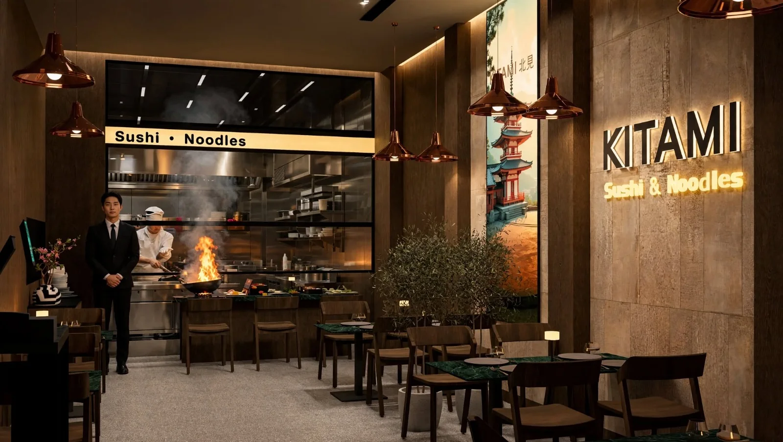 Dining room and open kitchen at Kitami Japanese Cafe