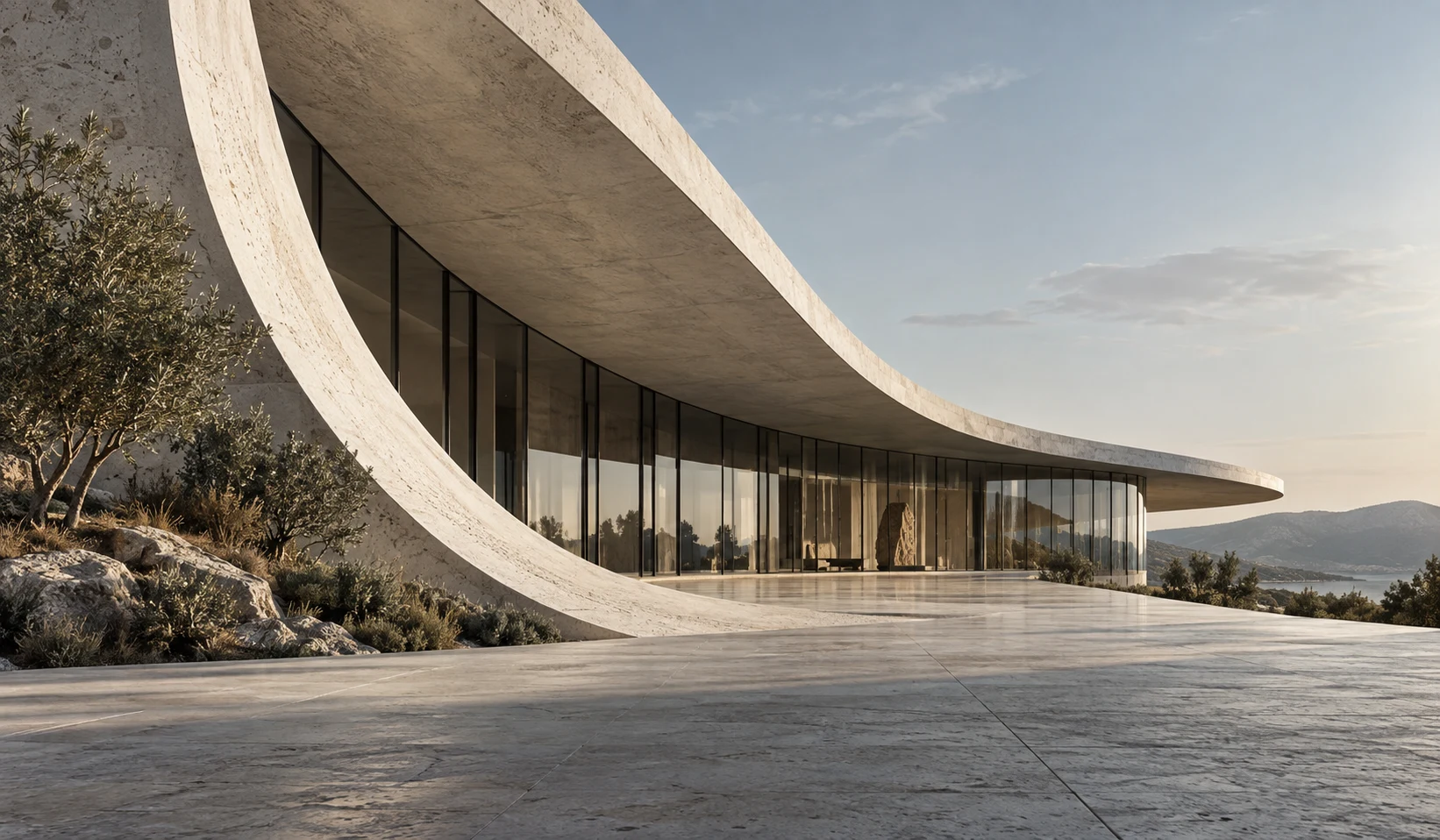 A sweeping stone roof extends over a glass pavilion in an open landscape