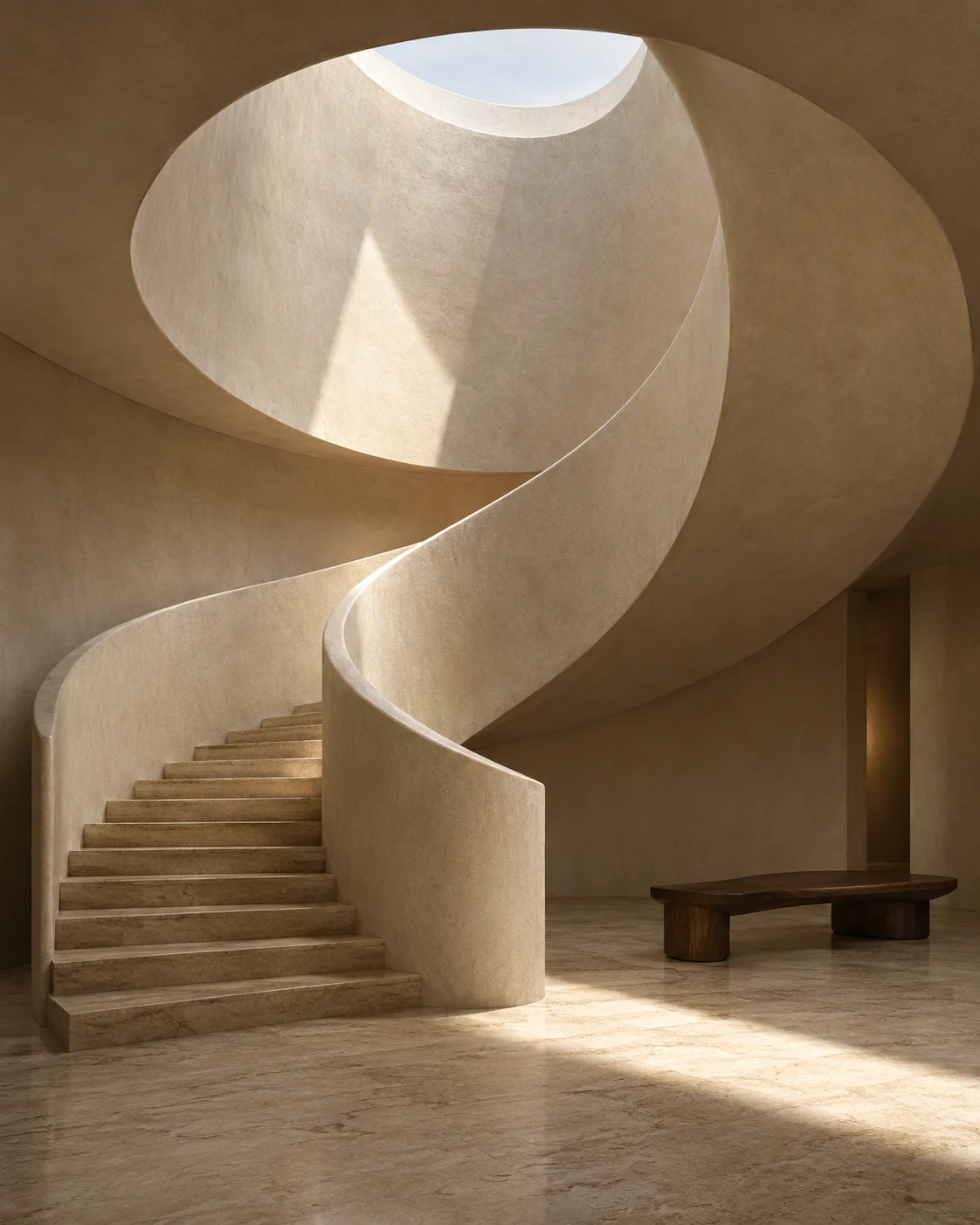 Sculptural stone staircase spiralling toward a circular skylight